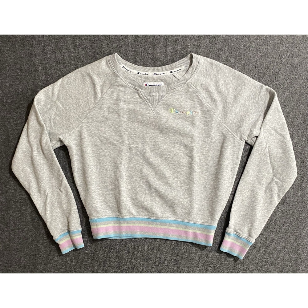 CHAMPION Womens French Terry Gray Sweatshirt Rainbow Pastel Size XS